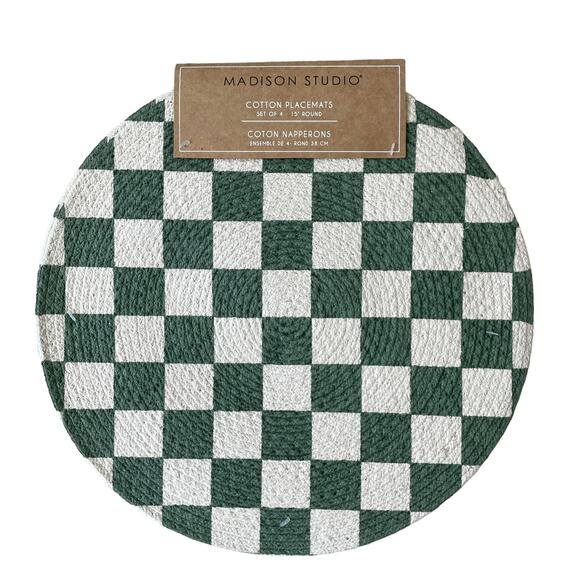 MADISON STUDIO Checkered Cotton Placemats 15in Sage Green & White Set of 4 NEW - Picture 1 of 8